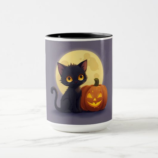 Niedliche schwarze Katze mit glühender Kürbis Tasse (Zentrum)