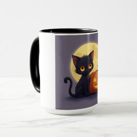 Niedliche schwarze Katze mit glühender Kürbis Tasse (Vorderseite Links)