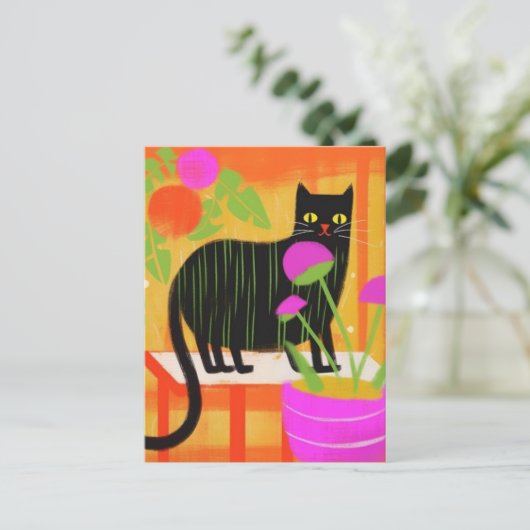 Niedliche schwarze Katze mit grünen Streifen in Ha Postkarte (Stehend Vorderseite)