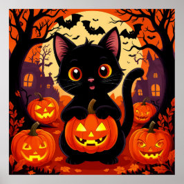 Niedliche Schwarze Katze mit Halloween-Kürbis Poster