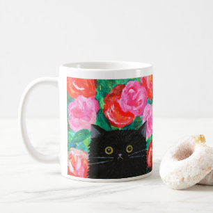 Niedliche Schwarze Katze mit hellen farbigen Blume Kaffeetasse
