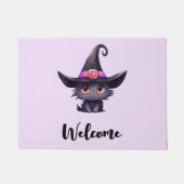 Niedliche schwarze Katze mit Hexenhut als Begrüßun Fußmatte (Vorderseite)