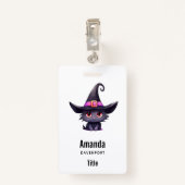 Niedliche schwarze Katze mit Hexenhut Ausweis (Rückseite mit Klammer)