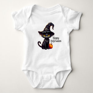 Niedliche schwarze Katze mit Hexenhut Baby Strampler