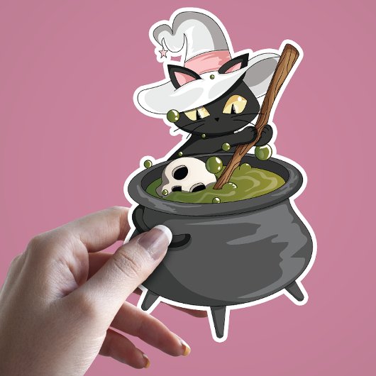Niedliche schwarze Katze mit Hexenhut, die Zaubert Aufkleber