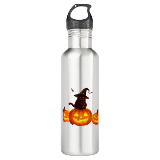 Niedliche schwarze Katze mit Hexenhut, Fledermäuse Edelstahlflasche (Vorderseite)