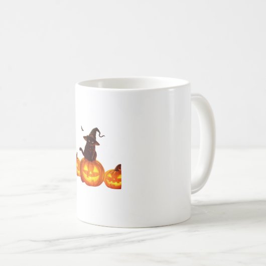 Niedliche schwarze Katze mit Hexenhut, Fledermäuse Kaffeetasse (VorderseiteRechts)