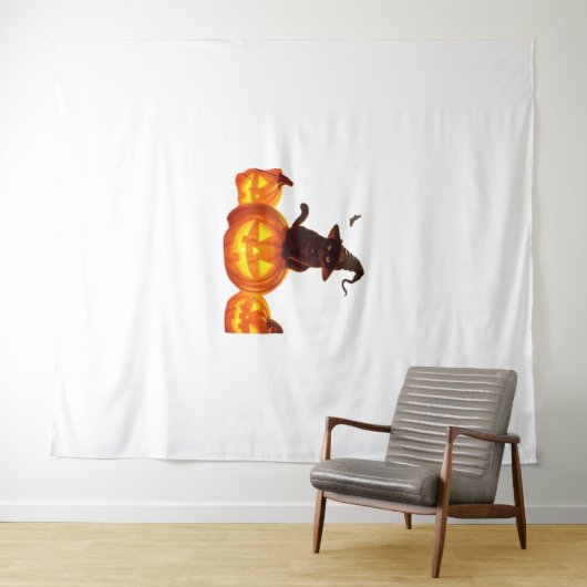 Niedliche schwarze Katze mit Hexenhut, Fledermäuse Wandteppich (Beispiel (Horizontal))