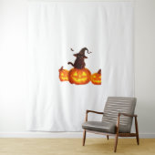 Niedliche schwarze Katze mit Hexenhut, Fledermäuse Wandteppich (Beispiel)