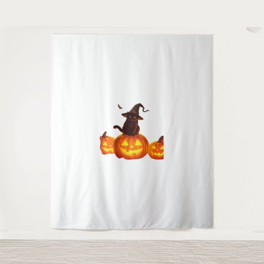 Niedliche schwarze Katze mit Hexenhut, Fledermäuse Wandteppich (Vorderseite)