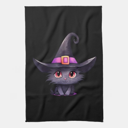 Niedliche schwarze Katze mit Hexenhut Geschirrtuch (Vertikal)