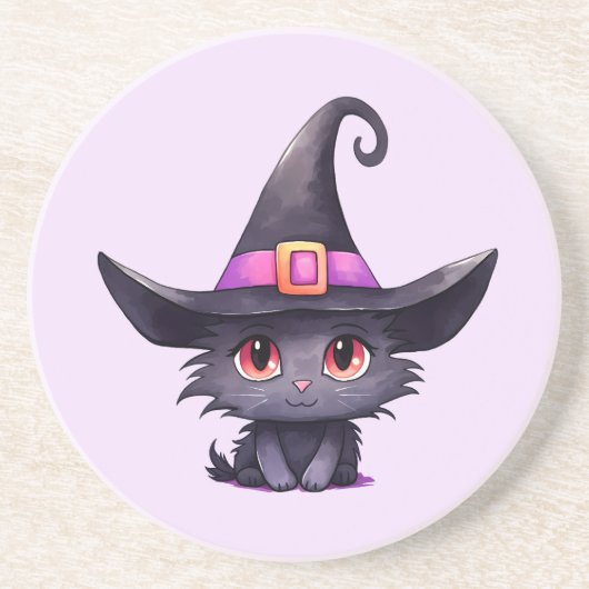 Niedliche schwarze Katze mit Hexenhut Getränkeuntersetzer (Vorne)