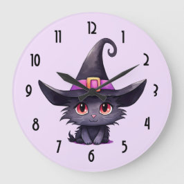 Niedliche schwarze Katze mit Hexenhut Große Wanduhr