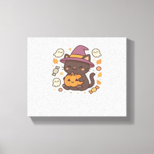 Niedliche Schwarze Katze mit Hexenhut - Kawaii Hal Leinwanddruck