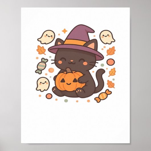 Niedliche Schwarze Katze mit Hexenhut - Kawaii Hal Poster (Vorne)