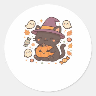 Niedliche Schwarze Katze mit Hexenhut - Kawaii Hal Runder Aufkleber
