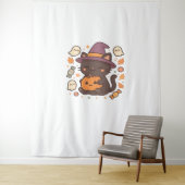 Niedliche Schwarze Katze mit Hexenhut - Kawaii Hal Wandteppich (Beispiel)