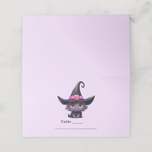 Niedliche schwarze Katze mit Hexenhut Platzkarte (Außenseite Aufgefaltet)