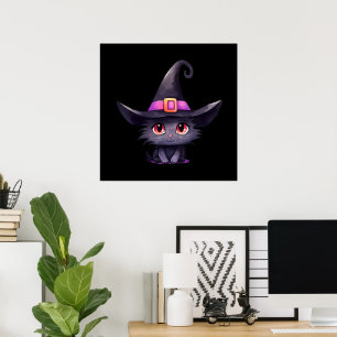 Niedliche schwarze Katze mit Hexenhut Poster
