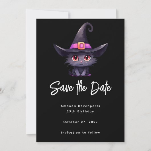 Niedliche schwarze Katze mit Hexenhut Save The Date (Vorderseite)