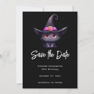 Niedliche schwarze Katze mit Hexenhut Save The Date