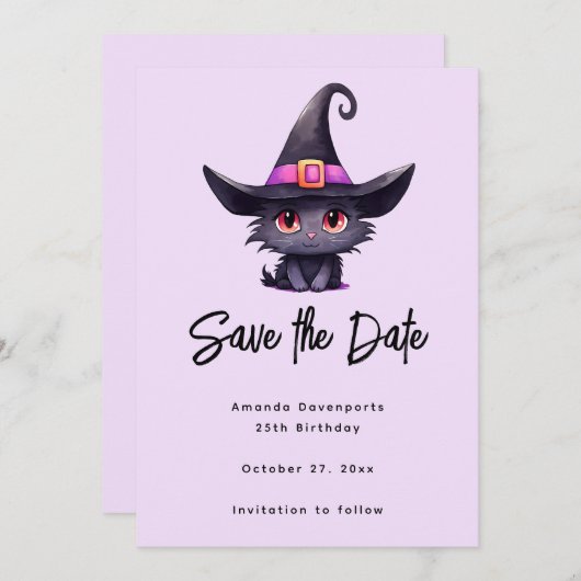 Niedliche schwarze Katze mit Hexenhut Save The Date (Vorne/Hinten)