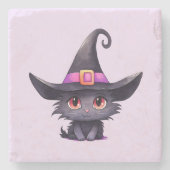 Niedliche schwarze Katze mit Hexenhut Steinuntersetzer (Vorderseite)