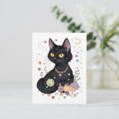 Niedliche schwarze Katze mit magischen Geschenken Postkarte (Stehend Vorderseite)