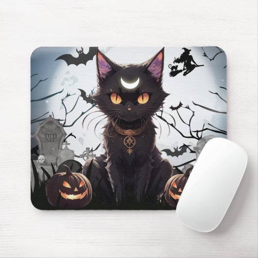 Niedliche schwarze Katze mit Mond. Mousepad (Mit Mouse)