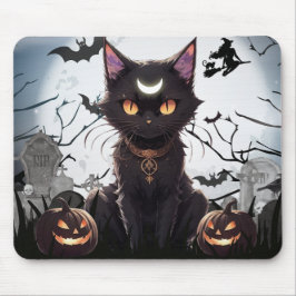 Niedliche schwarze Katze mit Mond. Mousepad