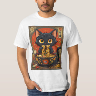 Niedliche schwarze Katze mit Nudeln T-Shirt