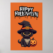 Niedliche Schwarze Katze mit Pumpkin-Kürbislaterne Poster (Vorne)