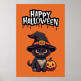 Niedliche Schwarze Katze mit Pumpkin-Kürbislaterne Poster