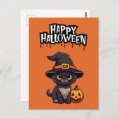 Niedliche Schwarze Katze mit Pumpkin-Kürbislaterne Postkarte (Vorne/Hinten)