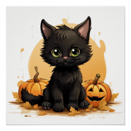 Niedliche Schwarze Katze mit Pumpkins Poster (Vorderseite)