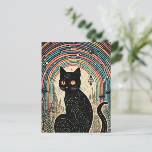 Niedliche Schwarze Katze mit Regenbogen in der Sta Postkarte (Stehend Vorderseite)