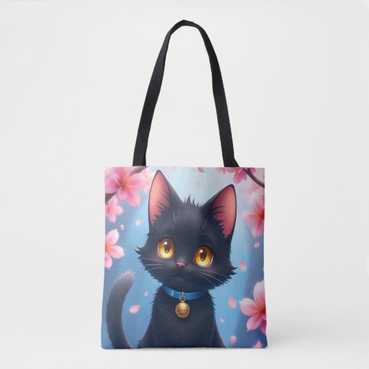 Niedliche Schwarze Katze mit Sakura Blume Totbeute Tasche (Vorderseite)