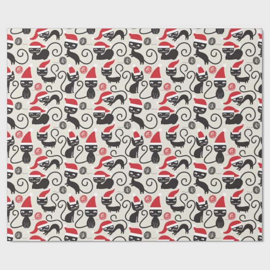 Niedliche Schwarze Katze mit Weihnachtsmannmütze W Geschenkpapier (Flach)