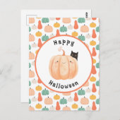 Niedliche schwarze Katze pinkelt über einem Kürbis Postkarte (Vorne/Hinten)