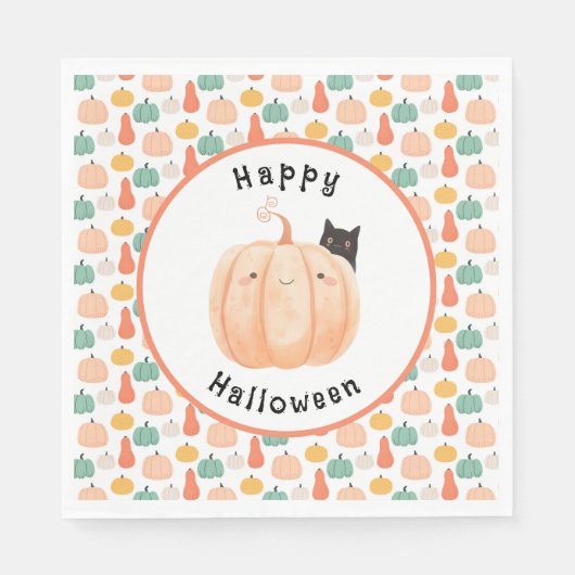 Niedliche schwarze Katze pinkelt über einem Kürbis Serviette (Vorderseite)