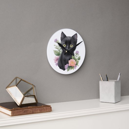 Niedliche schwarze Katze Runde Wanduhr (Büro)