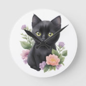 Niedliche schwarze Katze Runde Wanduhr (Vorderseite)