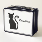 Niedliche schwarze Katze Silhouette Name Schwarz/W Metall Brotdose (Rückseite)