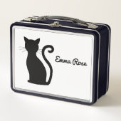 Niedliche schwarze Katze Silhouette Name Schwarz/W Metall Brotdose (Vorderseite)