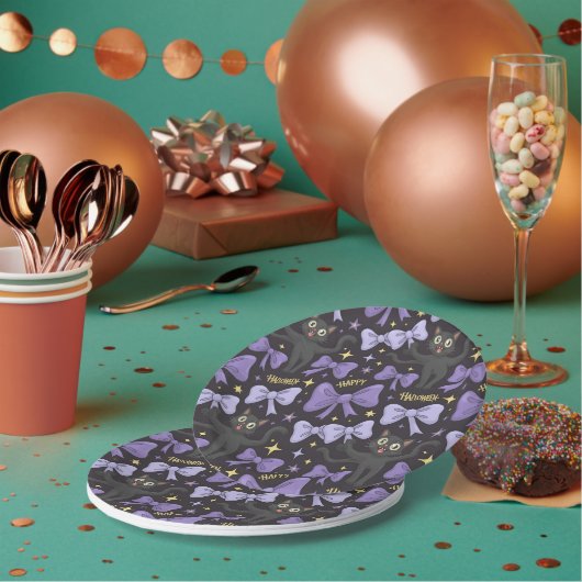 Niedliche schwarze Katze und Bow nahtloses Hallowe Pappteller (Multi)