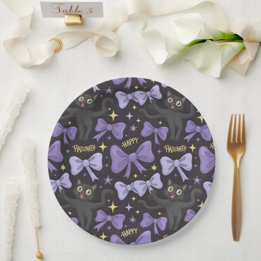 Niedliche schwarze Katze und Bow nahtloses Hallowe Pappteller (Hochzeit)