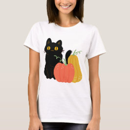 Niedliche Schwarze Katze und Kürbis T-Shirt