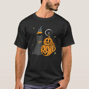 Niedliche schwarze Katze und Kürbisgesicht Hallowe T-Shirt