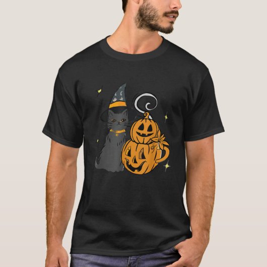 Niedliche schwarze Katze und Kürbisgesicht Hallowe T-Shirt (Vorderseite)