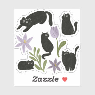 Niedliche Schwarze Katze und Lila Blume Illustrati Aufkleber